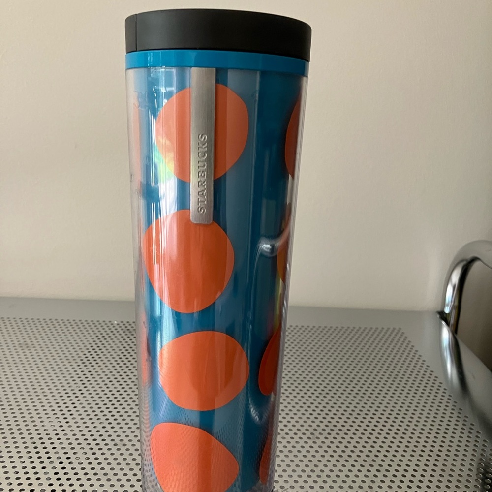 Starbucks 2013 Tumbler Travel Blue with Pumpkin Orange Dots 16 Oz